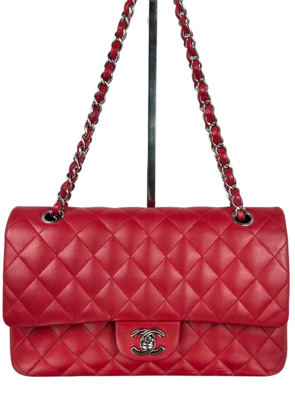 Chanel Medium Classic Double Flap Bag Red Lambskin Silver Hardware 25cm